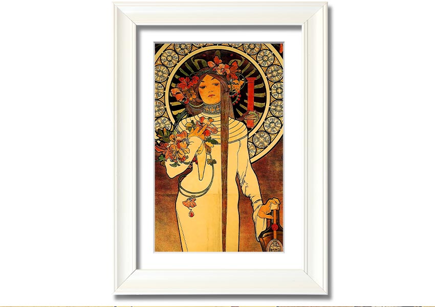 Framed print of Alphonse Mucha's La Trappistine artwork, showcasing intricate details and vibrant colors.